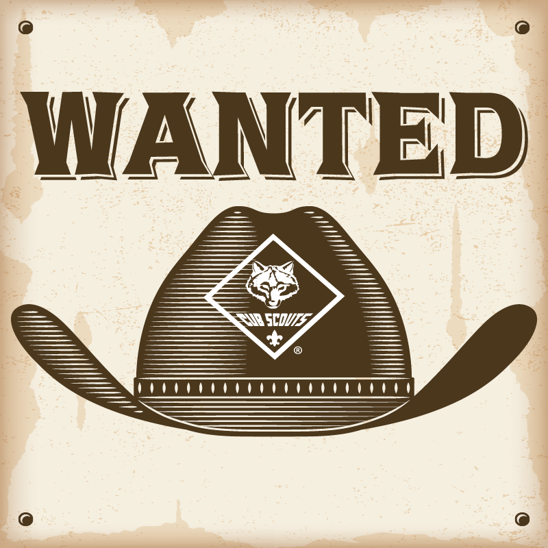Old western poster with a cowboy hat with the cub scout logo on it and 'Wanted' above the hat