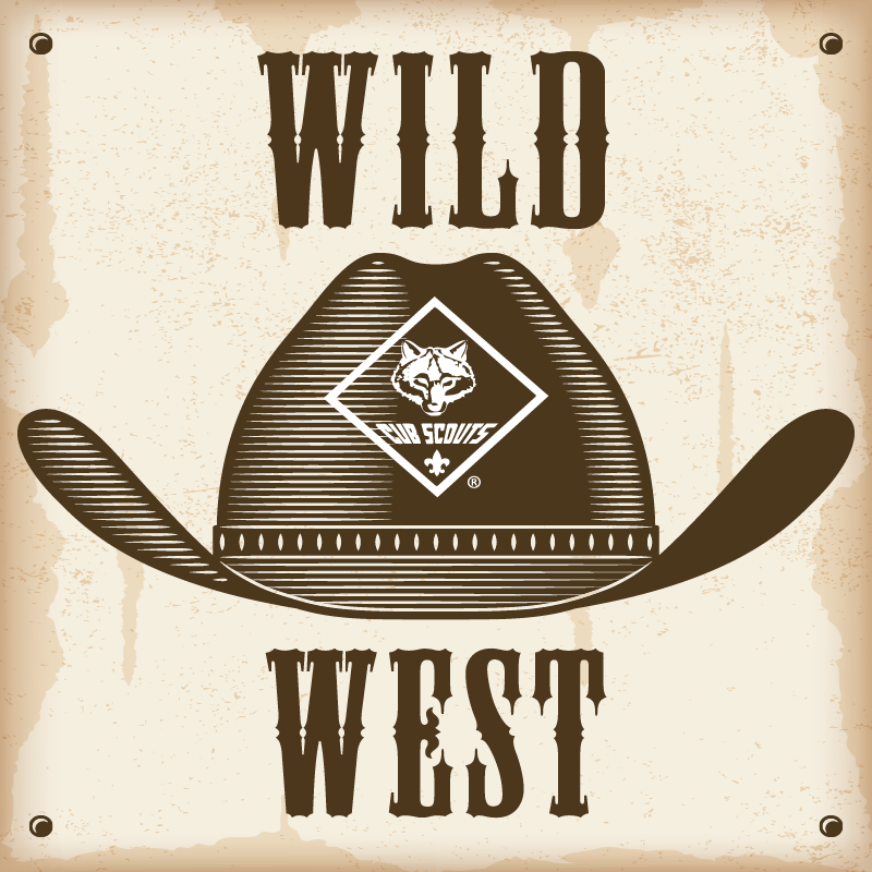 Old western poster with a cowboy hat with the cub scout logo on it and 'Wild West' above and below the hat