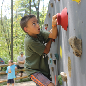 A boy climbing on a bouldering wall looking for the next rock to hold on to